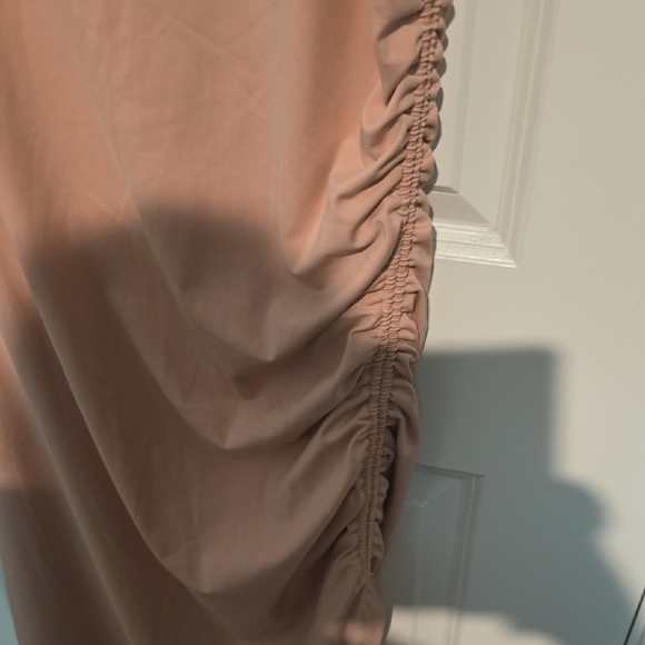 Elegant Ruched Tan Dress - Picture 2 of 2